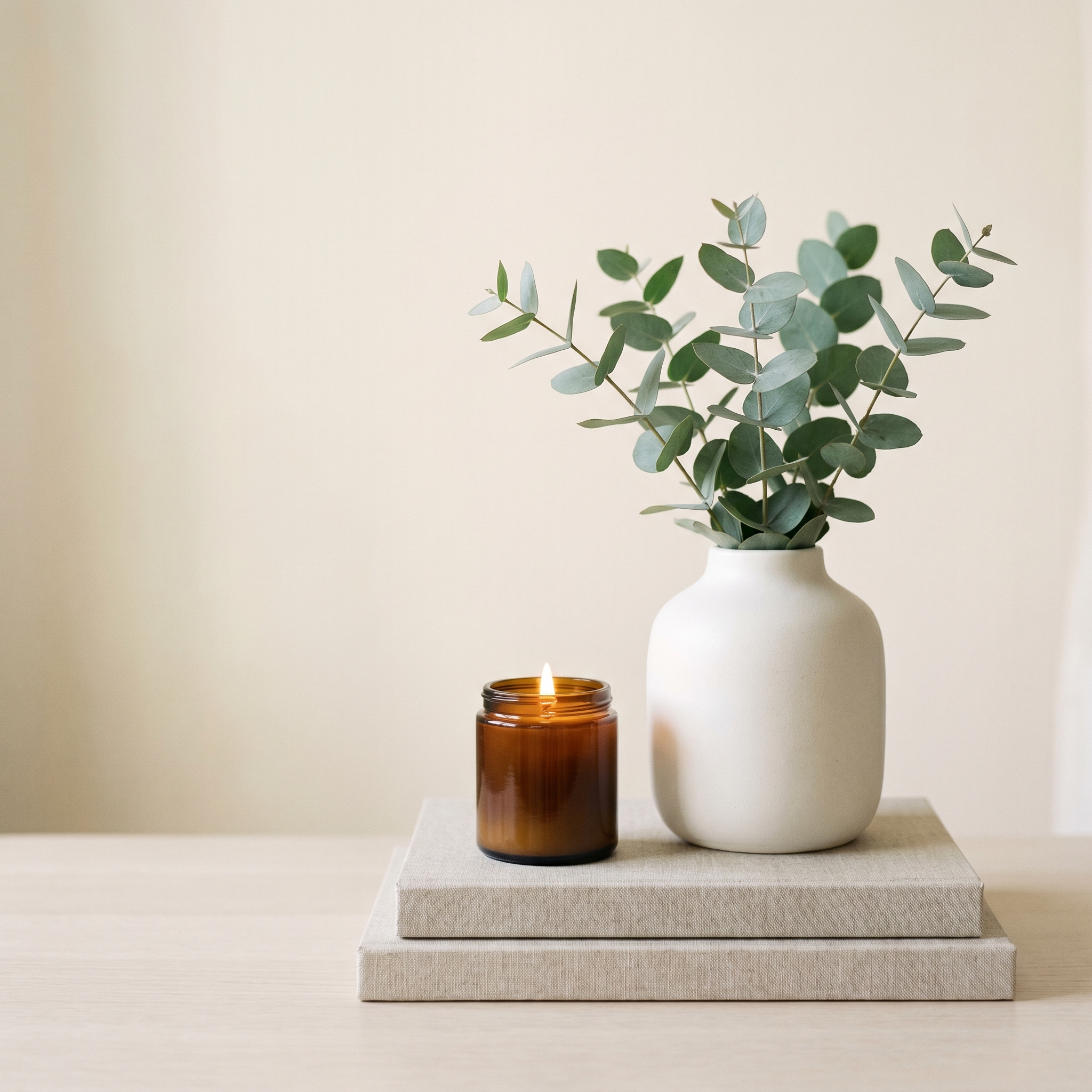 Ceramic vase with eucalyptus stems and a lit candle resting on linen-bound books