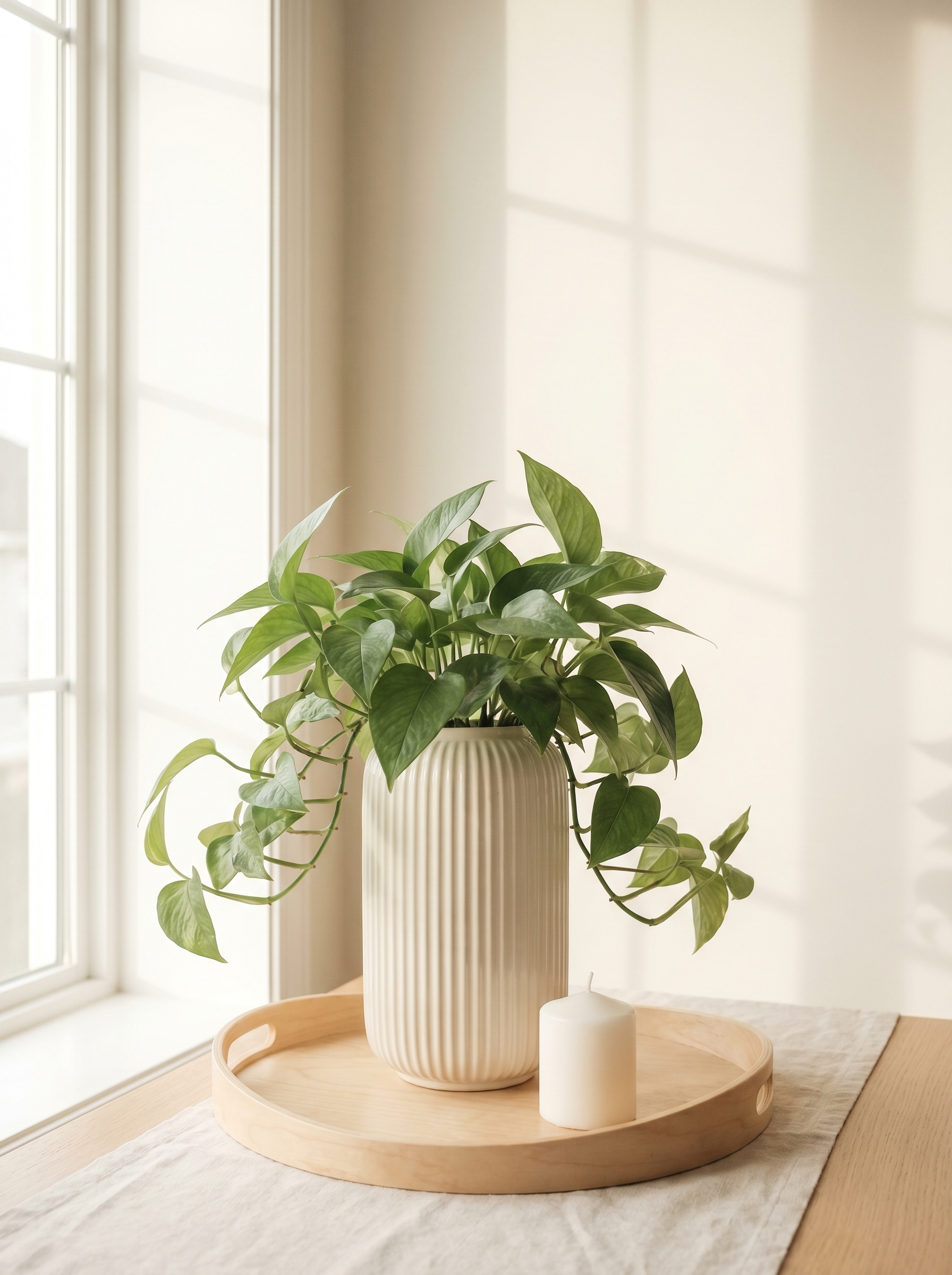 Potted green plant in a cream vase beside a small candle on a wooden tray