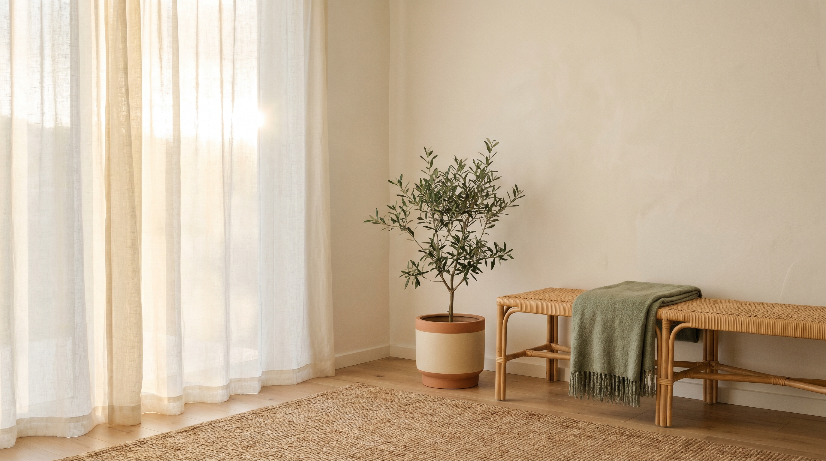 Warm corner of a calm room with linen curtain, plant, and soft morning light